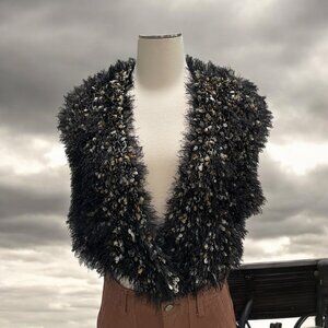 Chic Black Faux Fur Knit Shawl Boho Elegant Cozy Fall Winter Fuzzy Wrap Hippie